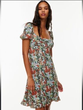 Aritzia Sunday Best Floral Puff-Sleeve Midi Dress in Red, Green, Blue